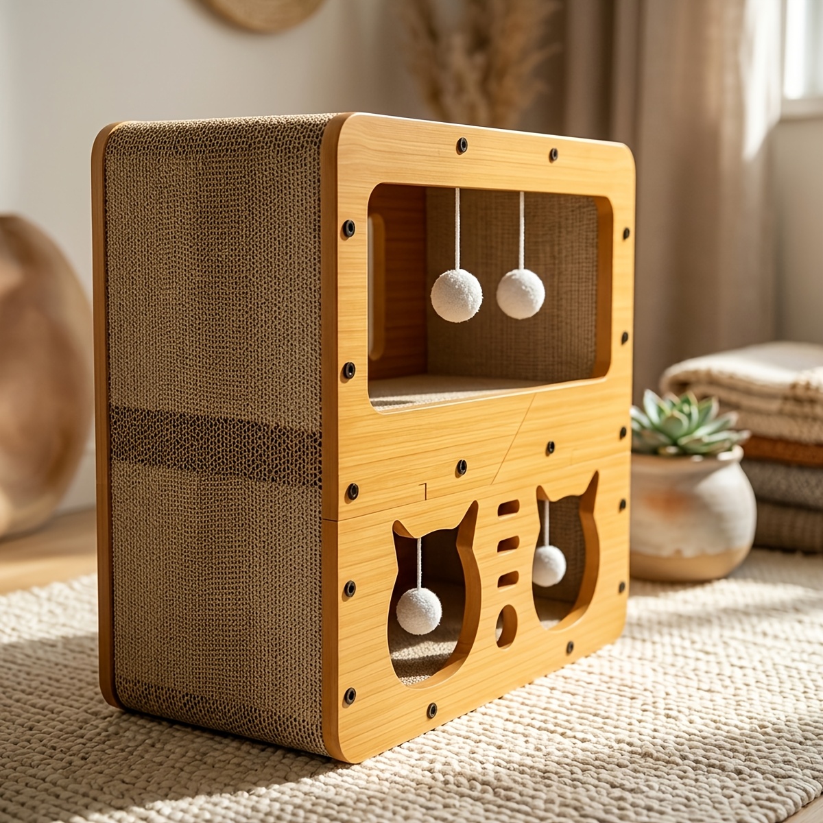 TEMU Griffoir pour chat double couche, Griffoir pour chat grain de bois, Planche à gratter pour chat, Balles suspendues, Centre d'activité interactif
