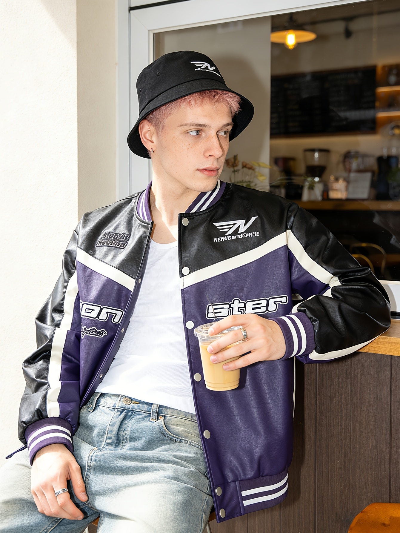 mens pu synthetic leather jacket unisex baseball jacket - Temu Germany