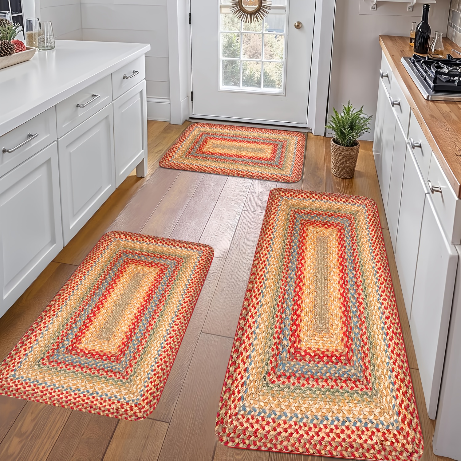 TEMU Of 2 Or 3 Red Foam Mats - Slip-resistant Mats For Kitchen, Hallway, And Entryway - Washable In Machine, Made Of 100% Polyester Flannel, Ideal For Indoor Use, Kitchen Flooring Mat