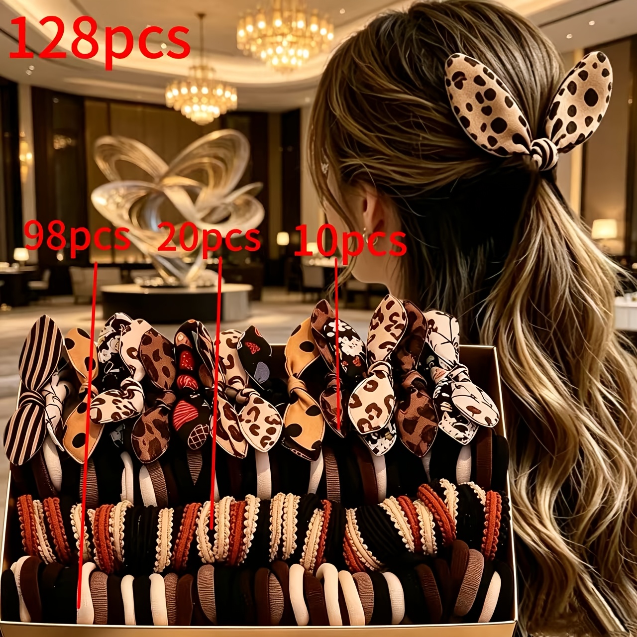 TEMU Ensemble de 128 pièces d'accessoires pour cheveux de la série : élastiques à oreilles de lapin, élastiques à boucle serviette, petits élastiques