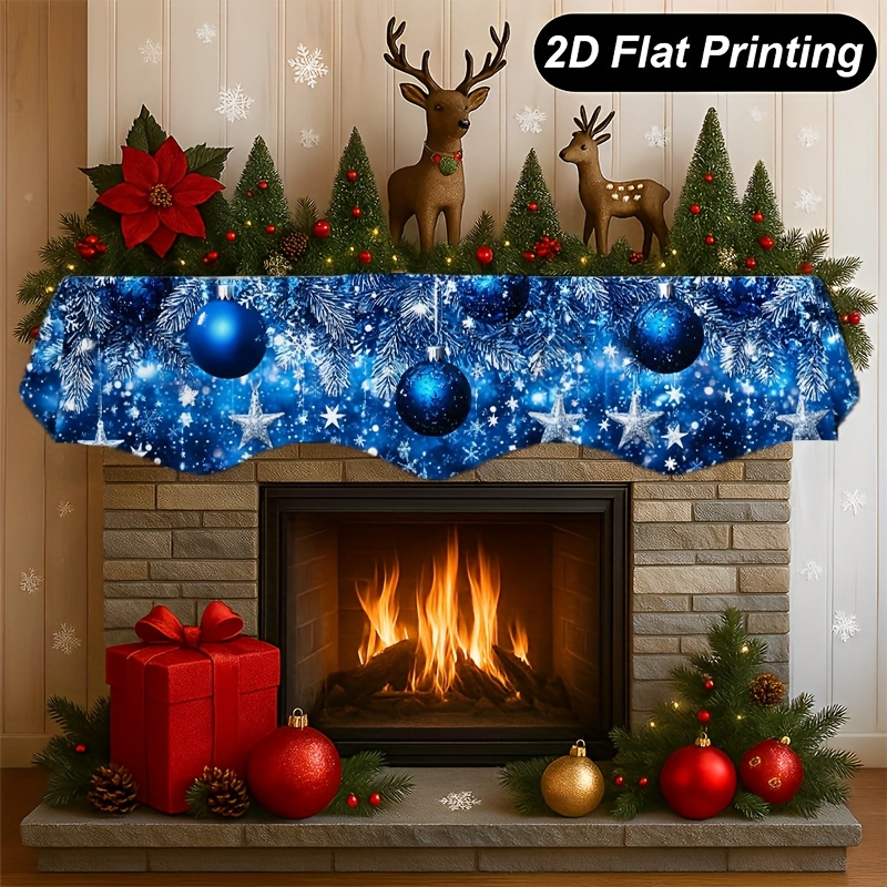 TEMU 1pc Navy Blue Snowflake Fireplace Mantel Cover Suitable For Indoor Fireplace Decor, Washable Polyester Mantel Shelf Cover With Snowflake Print,