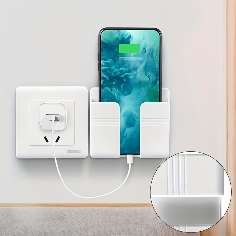 1pc Wall Mounted Phone Holder, Adhesive PC Material, No Drilling, Remote Control Storage, Made of Other Plastic, for Bathroom, Kitchen, Hotel Bedside - Smart Phone Charging Station
