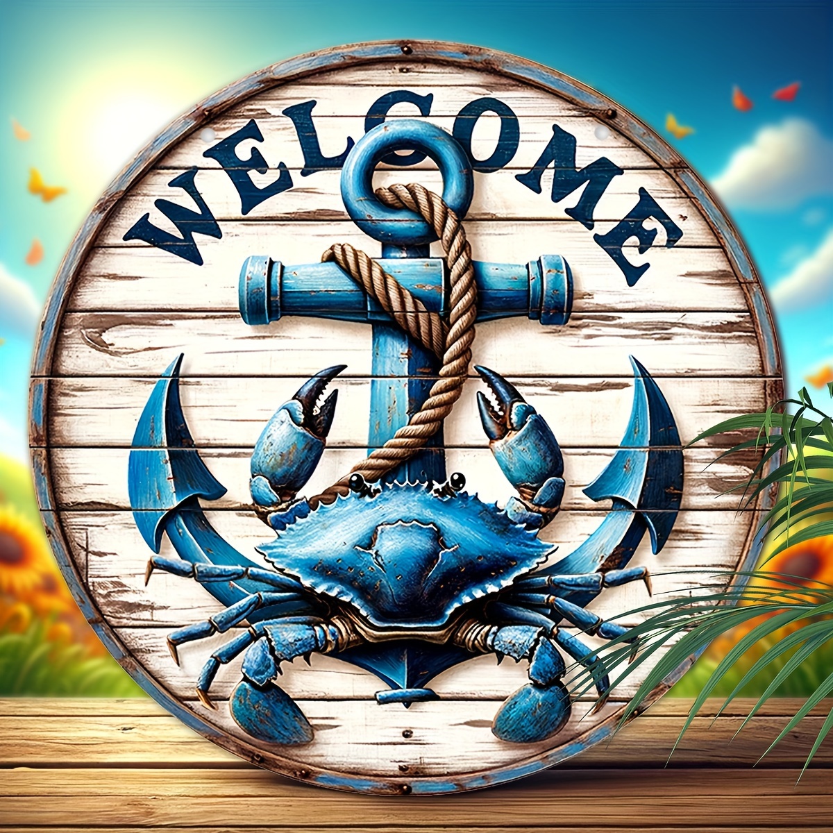 

Charming Nautical Crab & Anchor Welcome Sign - 7.87"x7.87" Wooden Wall Decor For Front Door, Farmhouse Kitchen, Garden, Balcony - Versatile Indoor/outdoor Art