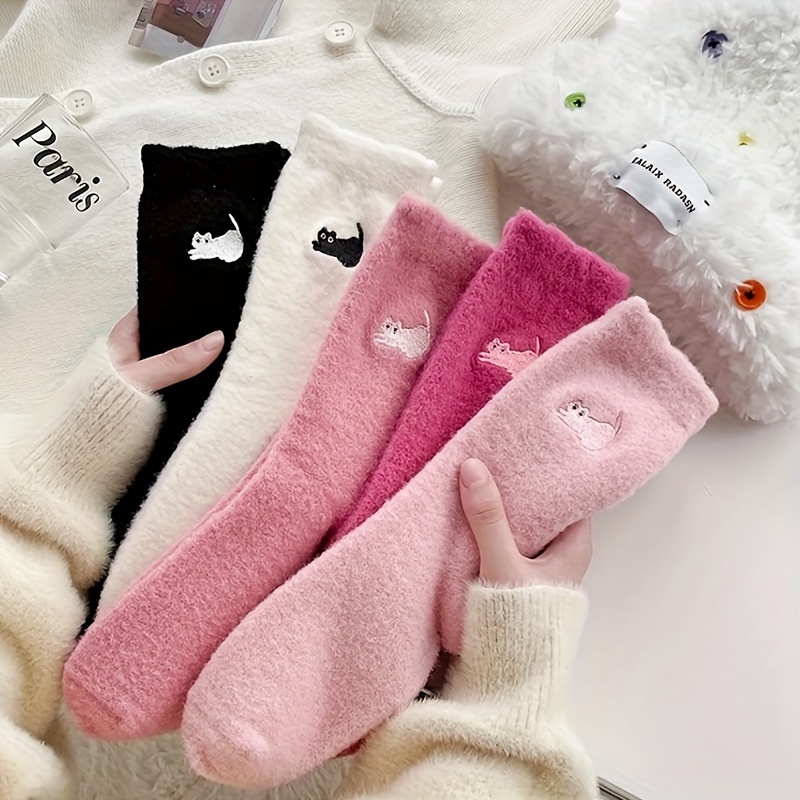 

5 Pairs Cat Embroidery Socks, Cute & Warm Thick Fleece Mid Tube Socks For Fall & Winter, Women's Stockings & Hosiery