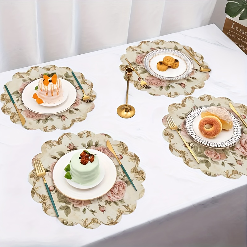 Image of 4pcs Rose Round Placemats, Fan-shaped Non-slip Washable Polyester Pads, Suitable For Dining Table, Kitchen, Banquet, Party Decor, Gift, Daily Holiday, Table Decoration