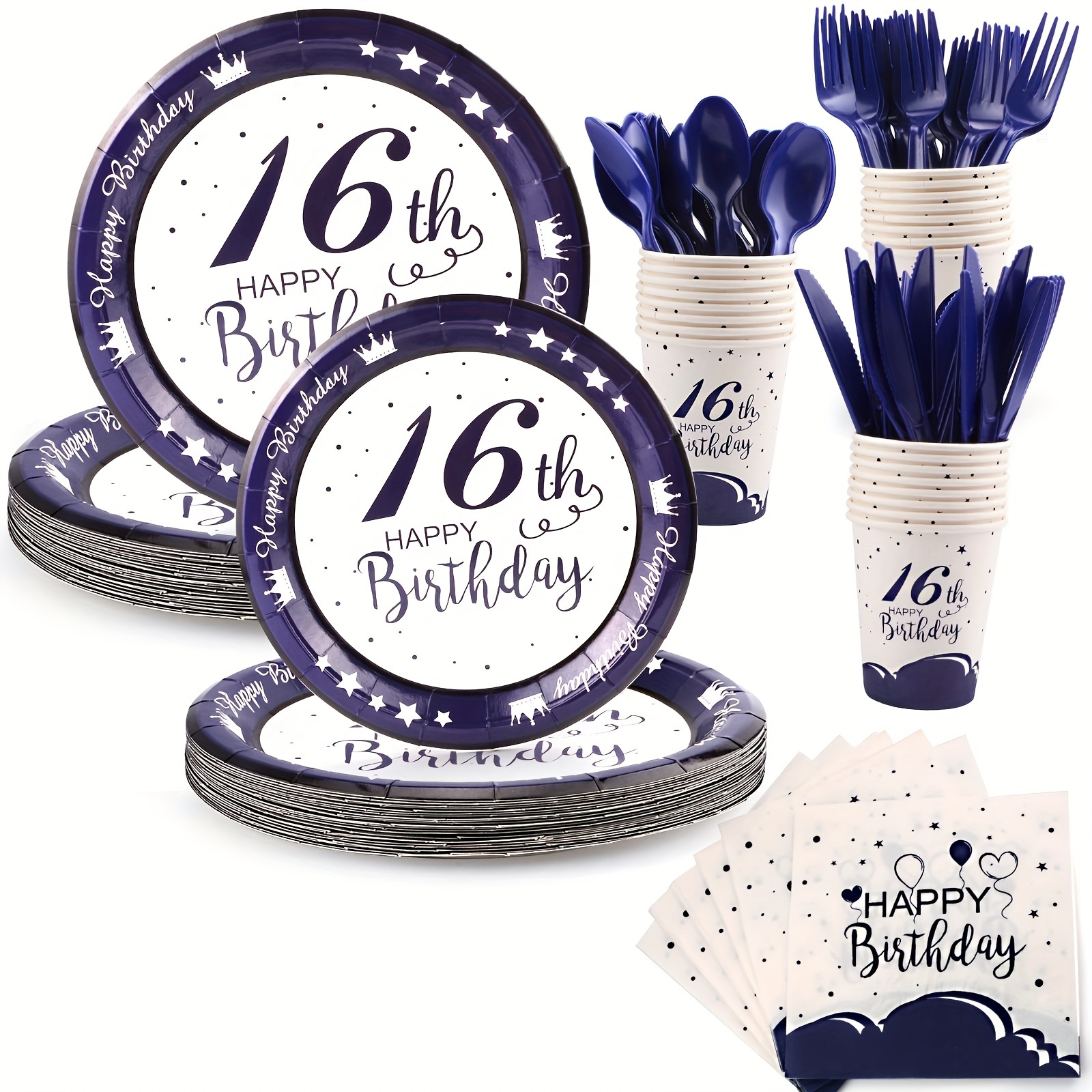 

16th Birthday Decorations For Plates And Napkins, 168pcs Dark Blue And White Party Tablewere With Dessert Plates, Cups, Knifes, Forks, Spoons For 16 Birthday Party - Dinnerware Serves 24