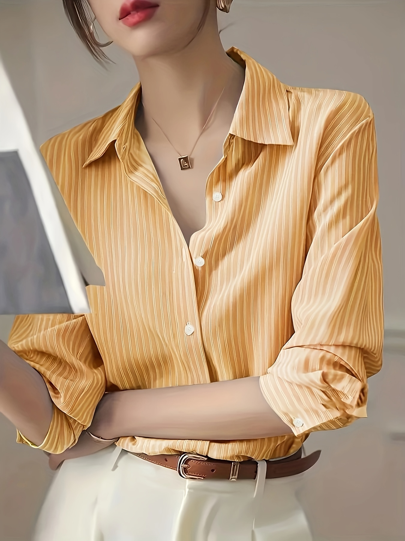 elegant striped womens button shirt long sleeve loose fit - Temu Switzerland