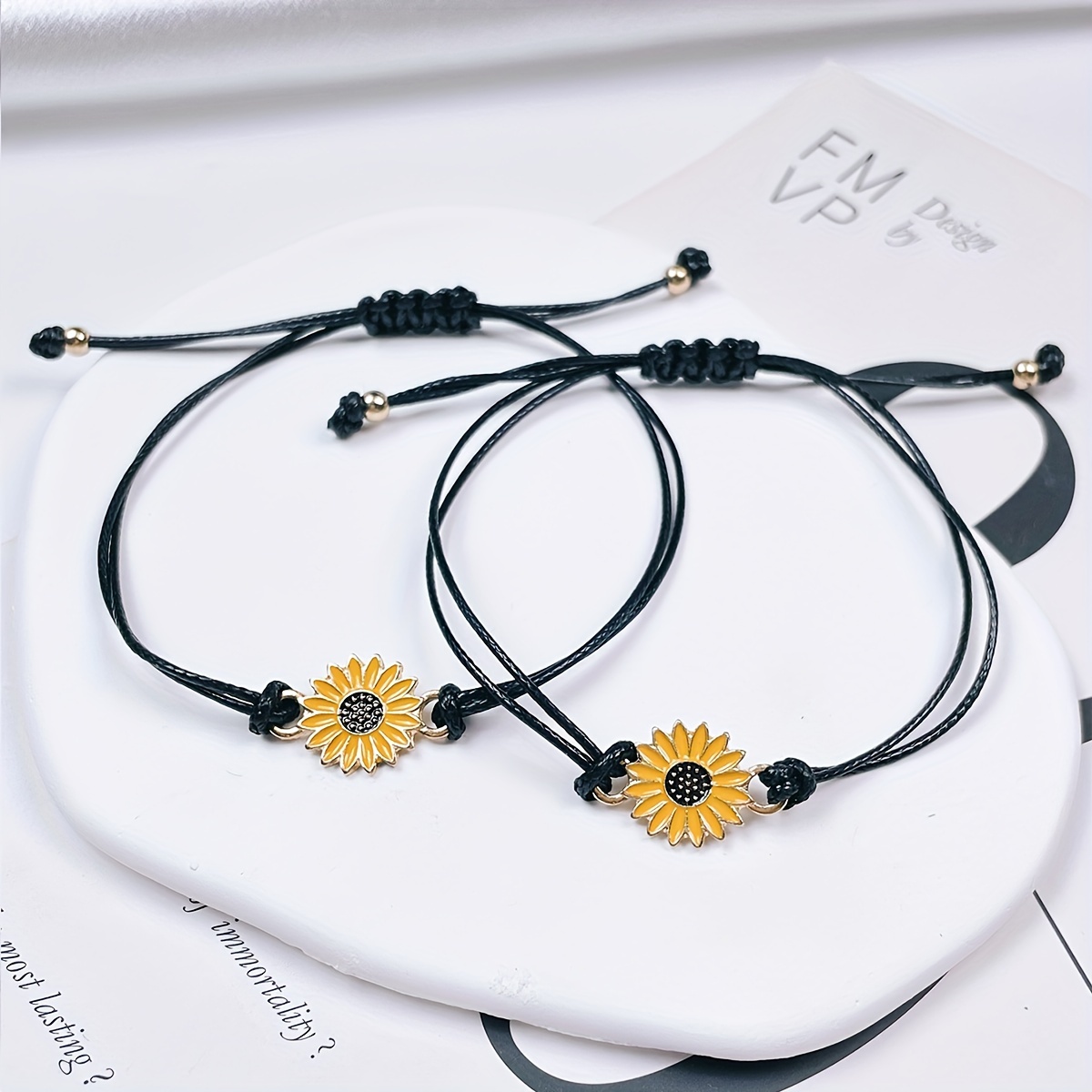 

2pcs Sunflower Charm Bracelet Set - Adjustable, Black Wristbands For & Gift-