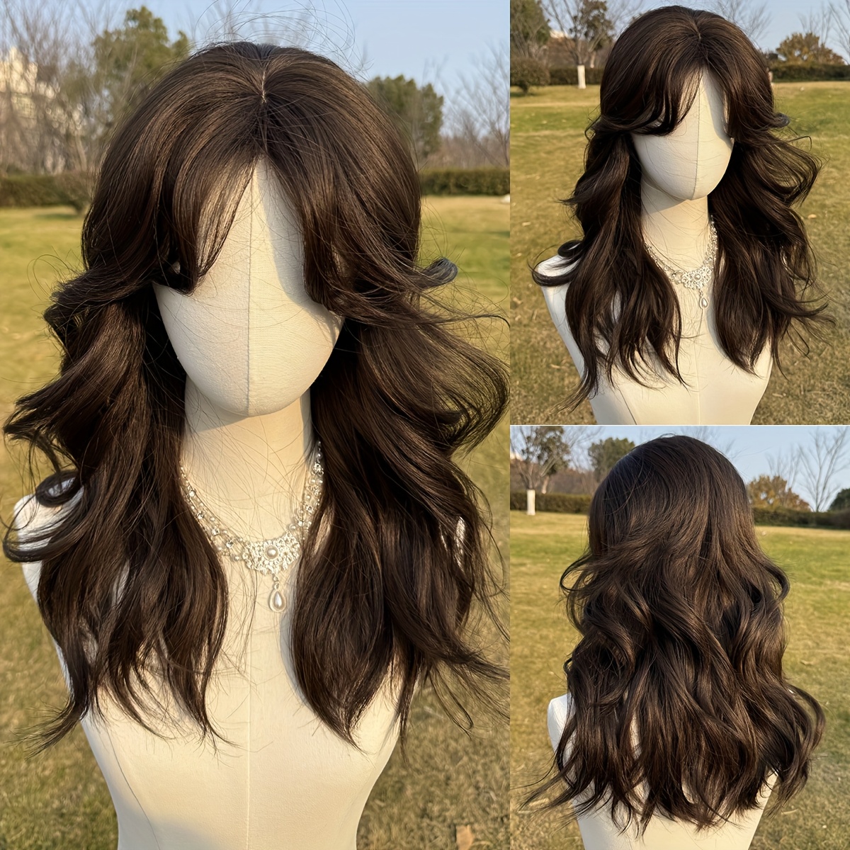 TEMU Dark Brown Long Curly Wavy Wig With Bangs Synthetic Wig Beginners Friendly Heat-resistant Elegant Daily Use Female Wig.