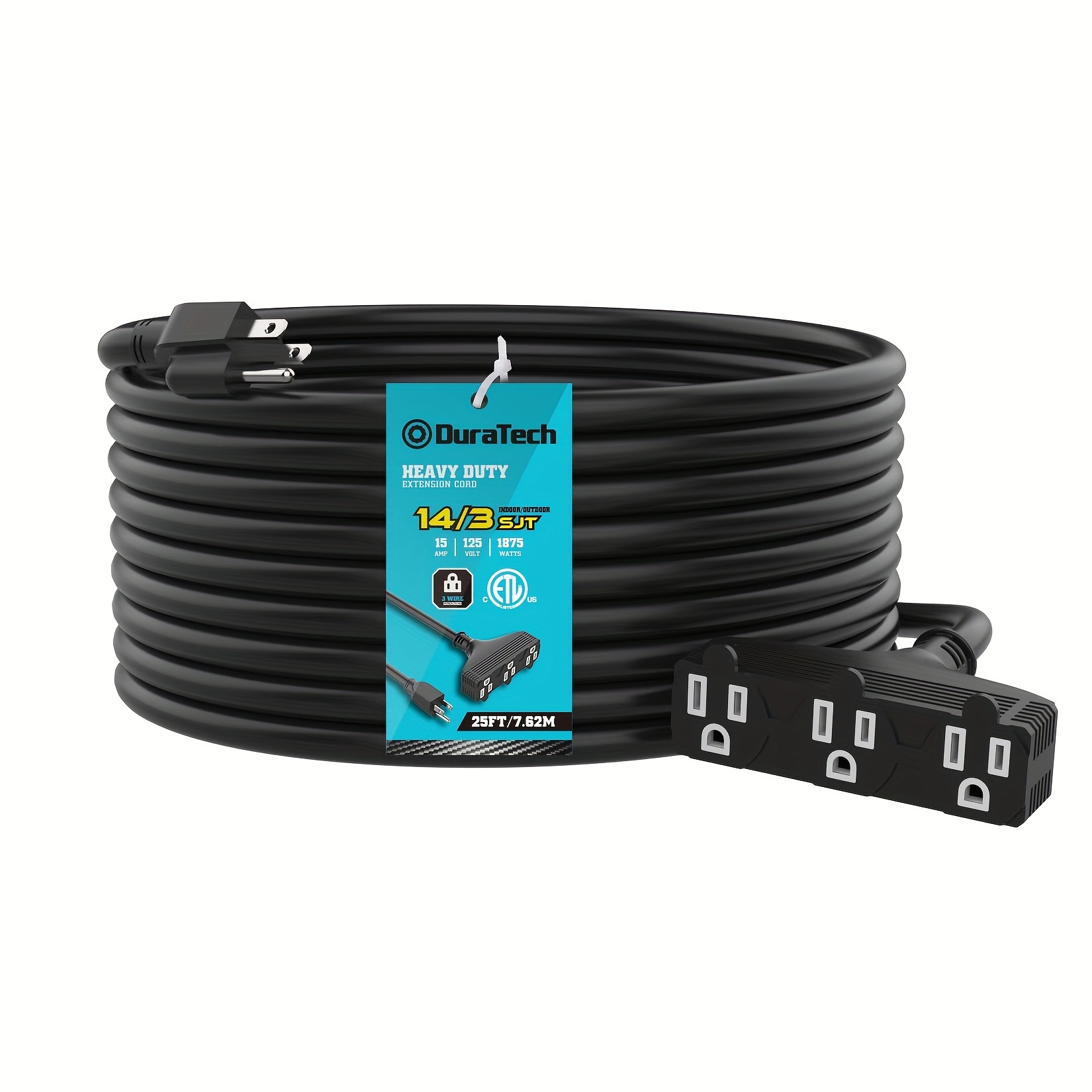 

Duratech Extension Cord 25 Ft, Outdoor Extension Cord With Multiple Outlets, 14/3 Sjt, 15 Amps, 3 Prong Plug, Heavy Duty Extension Cord Power Strip, Black