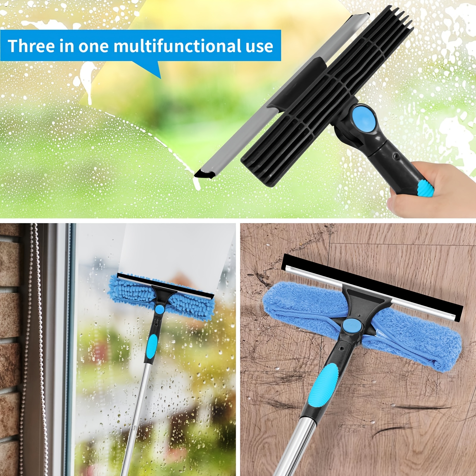 1 set of retractable window cleaning brush and cleaning brush kit with telescopic rod reusable microfiber pad stainless steel handle   outdoor and glass cleaning tool no power required machine washable 1 rotatable head and 2 interchangeable brushes blue details 12