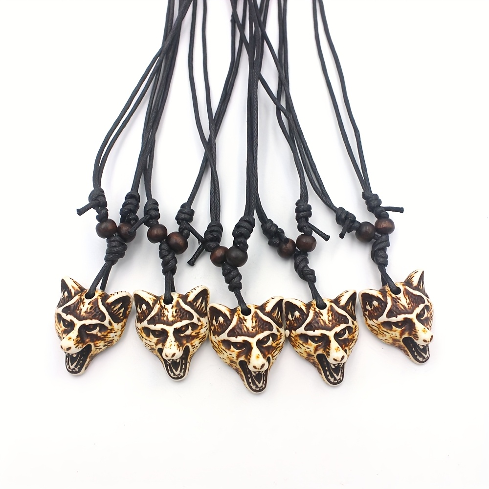 12pc Carved Wolf Head Totem Resin Necklace Set