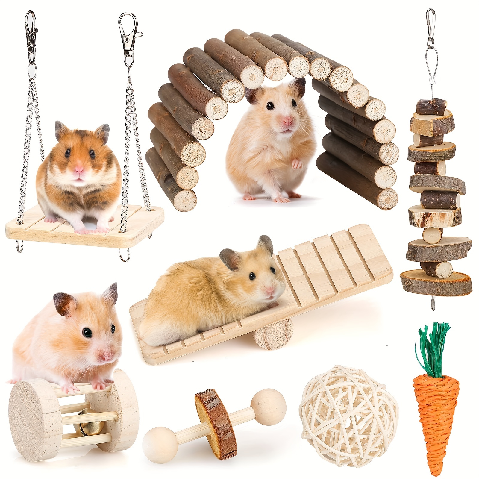 Image of 8pcs Hamster Toys Set, Small Animal Molar Toys Teeth Care Wooden Accessories For Guinea Pigs, , Gerbils, Mice, Rats, Mouse Rodents Toy Swing Bridge