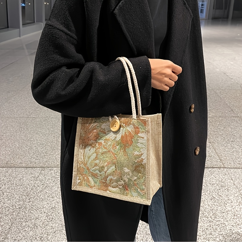 

1pièce Sac à main japonais en lin de mode pour femmes, sac à déjeuner avec bouton accent, pochette de présentation de bijoux