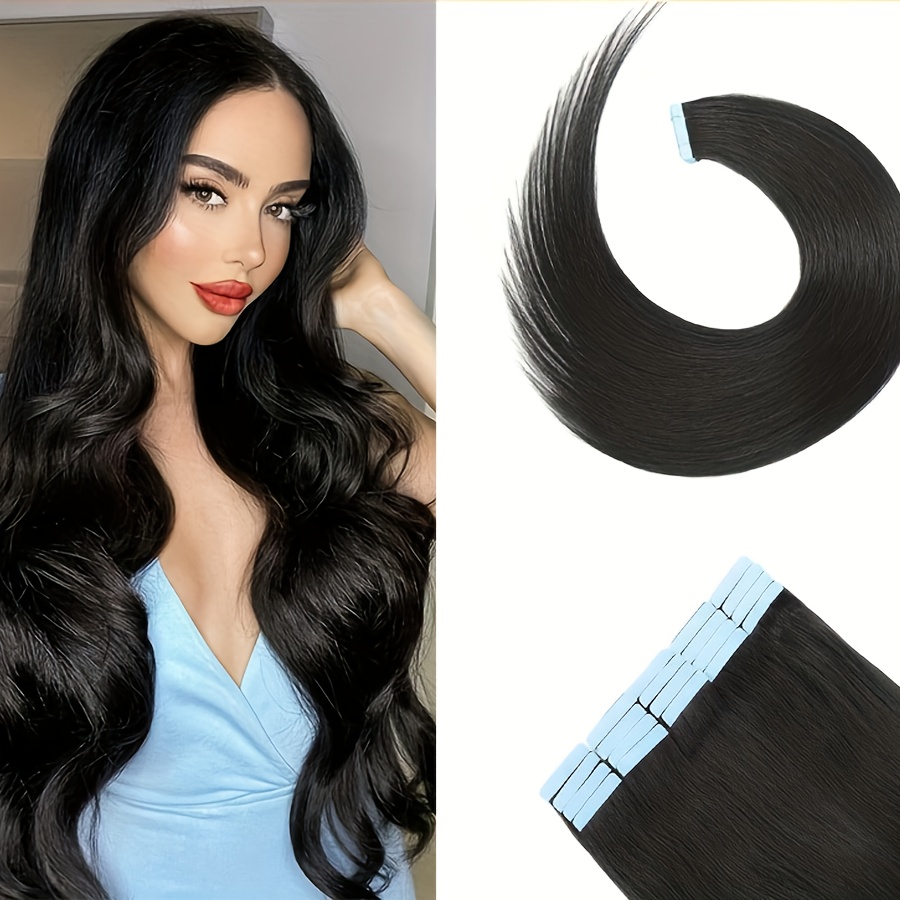 18 26 inch natural black real human hair tape in extensions  display picture 1