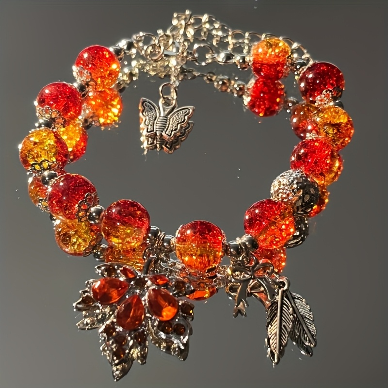 TEMU 1 Elegant And Exquisite Leaf Women's High-end Sheer Star Silvery Beaded Bracelet With A Chain Pendant, Suitable For Women' And Party Wear