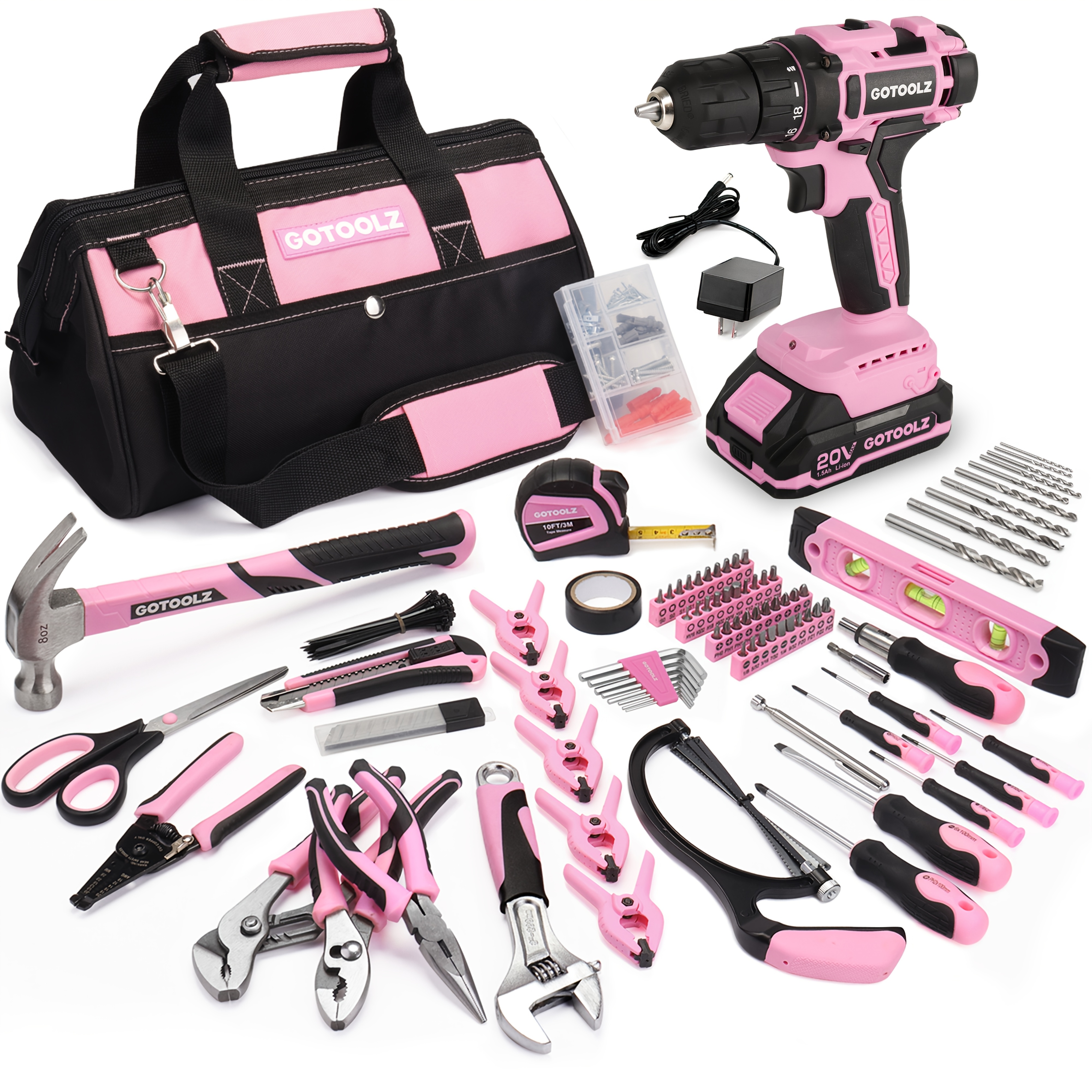 

253pcs Pink Cordless Drill & Tool Set For Women - 20v Lithium-ion, Includes Bits, Hammer, Wrench & More With Magnetic Tips & - Home Repairs