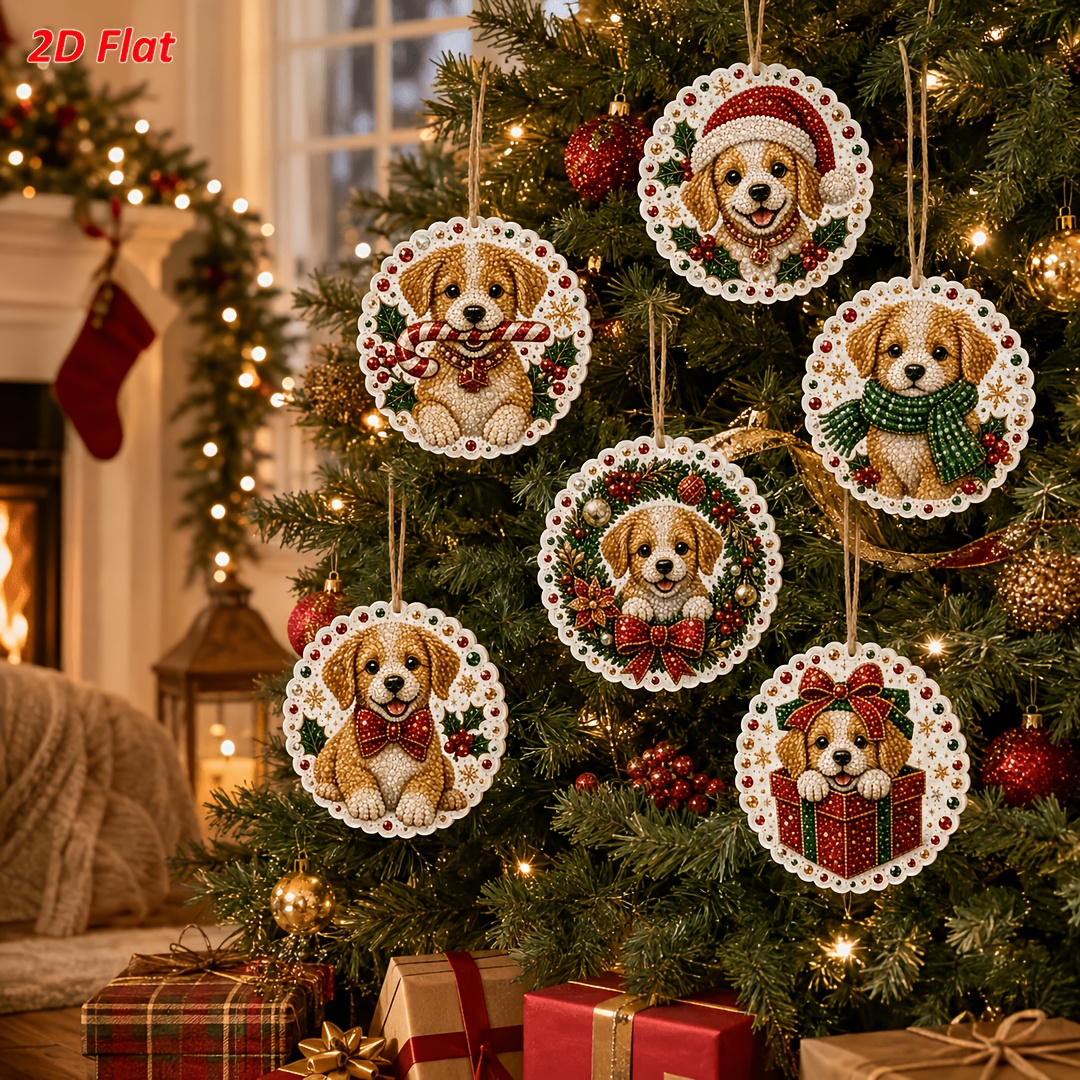 TEMU 6pcs 2d Flat Christmas Puppy Pearl Diamond Painting Wooden Tag Pendant 3.07-inch Hd Printed Full Set Handcraft Drill Materials Stress Relief