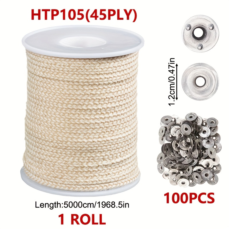 Image of 164 Feet Candle Wicks Roll, 21 Ply~45ply Braided Candle Wicks, Htp Candle Wick Core Spool And 100pcs Metal Candle Wick Tabs For Candle Craft Candle Making Kit, Tight Composite Weaving
