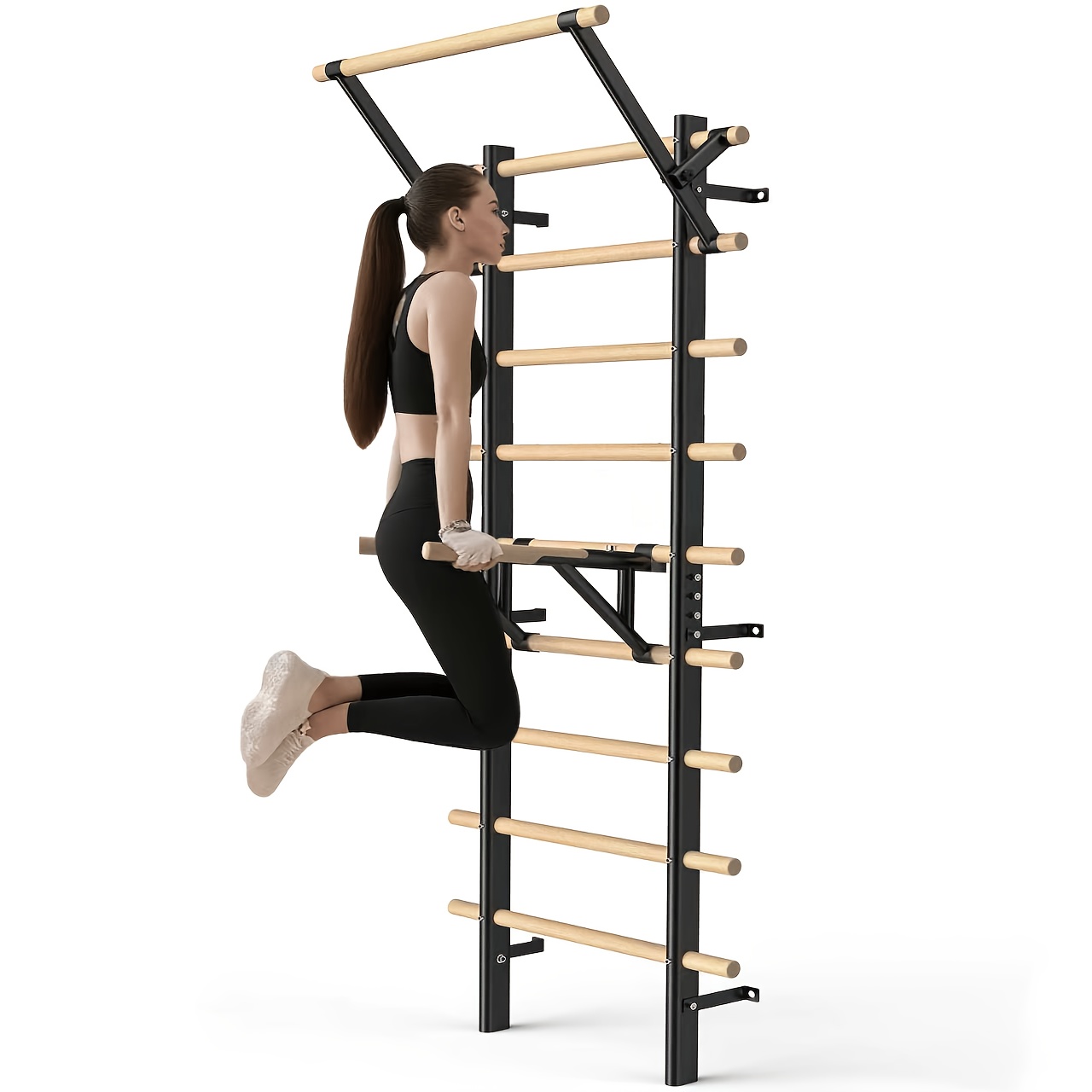 Image of Wall Climbing Frame With Pull-up Bar And Squat Bar - 220 Cm Indoor Climbing Frame For Wall Mounting - Wooden Climbing Wall For Adults - Home Fitness Equipment