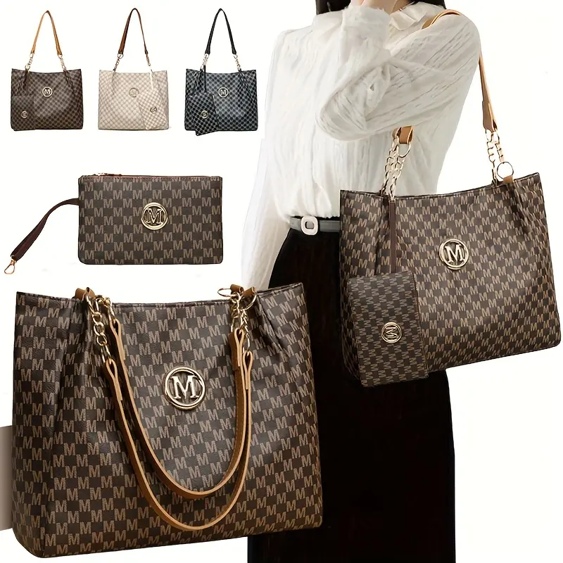 2pcs retro style letter print large capacity tote bag with fixed shoulder strap polyester lining very suitable for daily use and work commuting synthetic single shoulder bag metal chain belt included safety zipper closure polyester lining fashionable durable suitable for daily use everyday handbag fashion womens accessories polyester lining details 1
