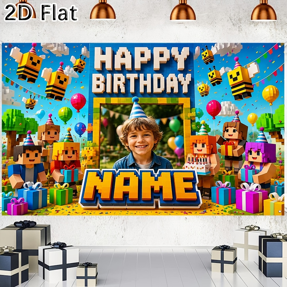 TEMU 2d Flat - 1pc 2d Flat Personalized Custom Pixel-themed Happy Birthday Backdrop Banner, Suitable For Birthday Party Decoration And Photography