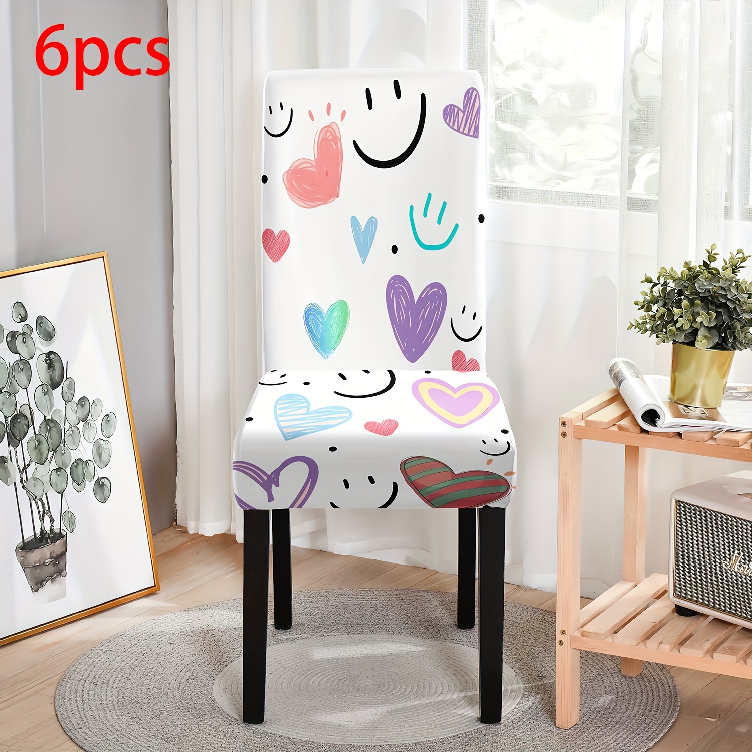 TEMU Juego de 4/6 fundas para sillas de comedor estampadas con de alegres y corazones, de tela de fibra, elásticas, extraíbles y lavables, adecuadas