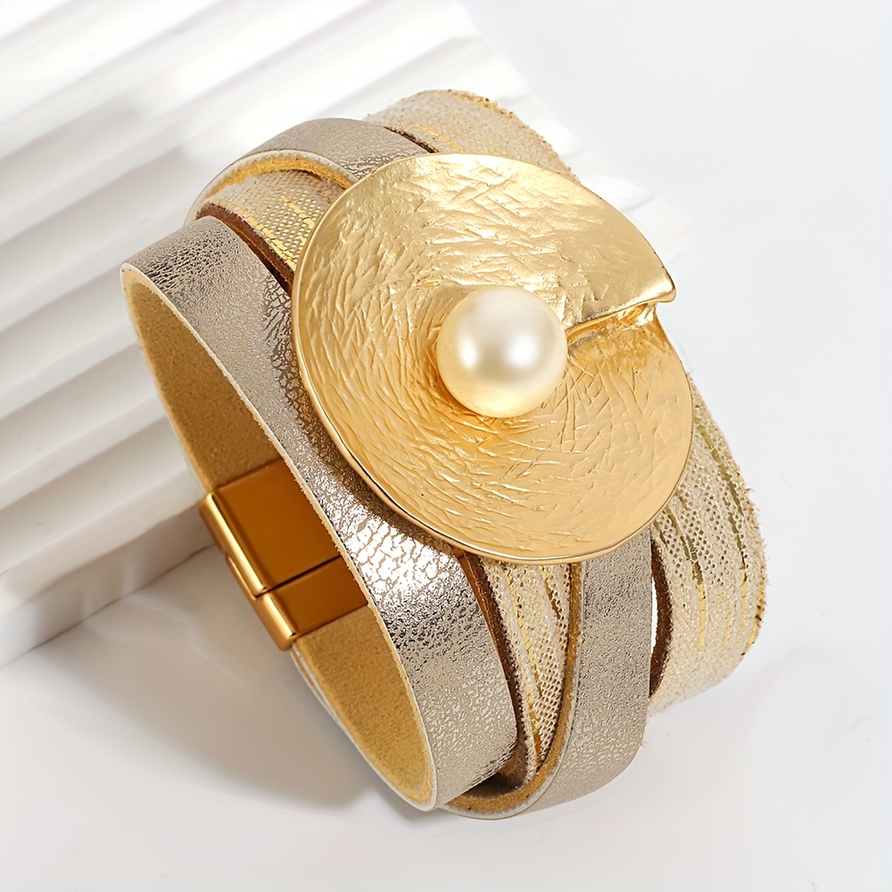 TEMU Pulsera tipo brazalete ancha de PU para mujer y hombre, joyería estilo bohemio boho, de dije grande de metal arrugado, pulsera tipo brazalete