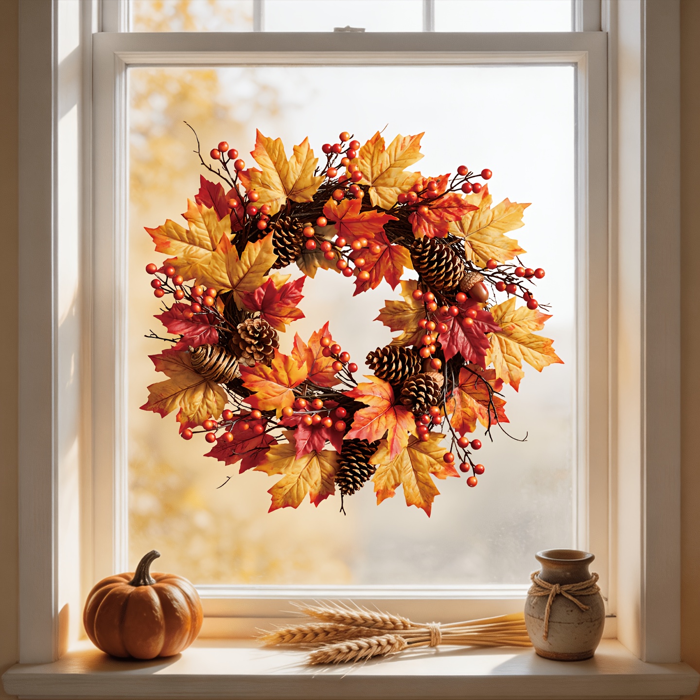 TEMU 1pc Thanksgiving-themed Autumn Decoration, Featuring A Harvest Wreath With Red-orange Gradient , Plump Red Berries, And Pine Cones As , Pet