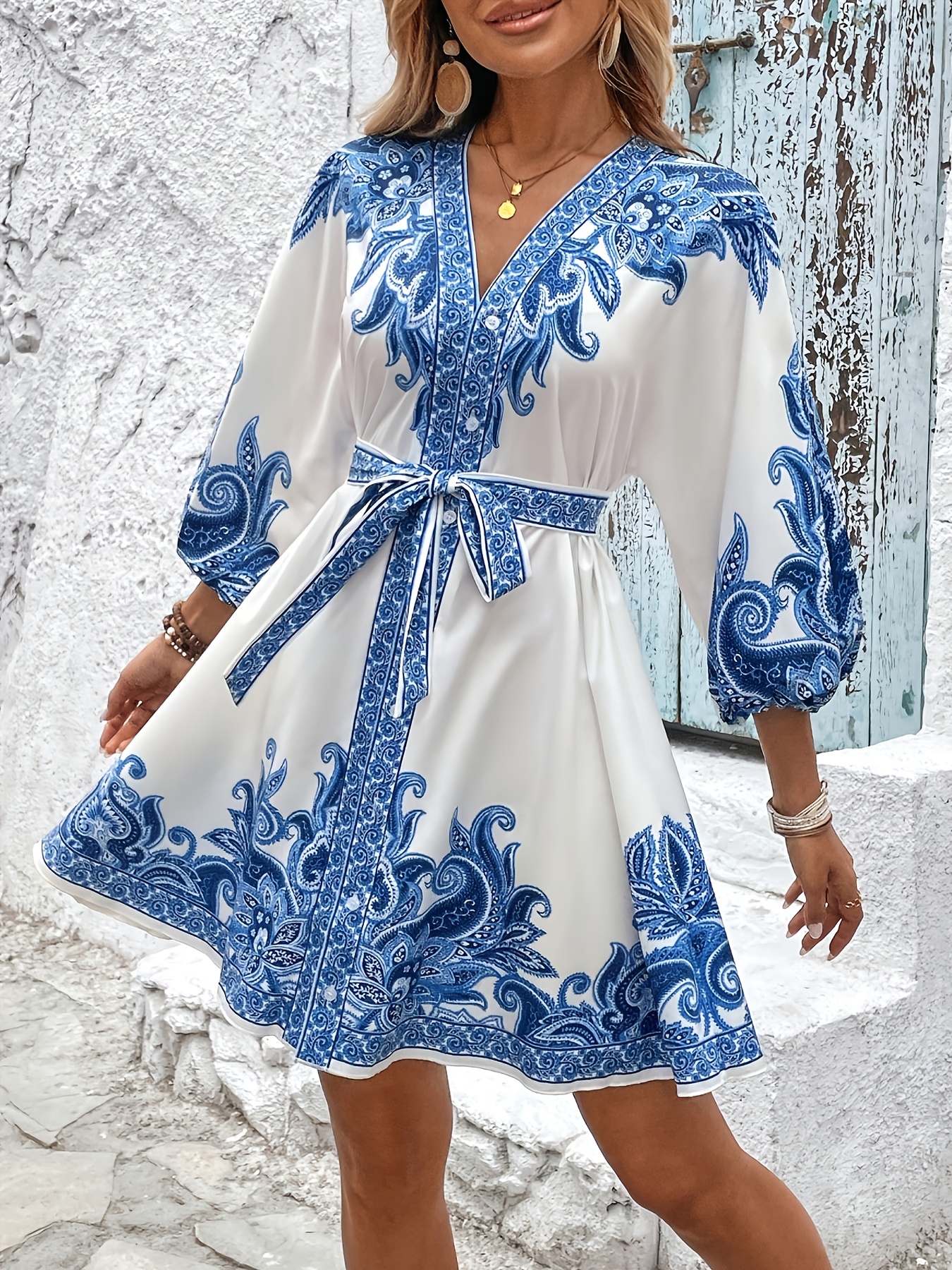 womens paisley print v neck a line dress with waist belt machine washable non stretch fabric   versatile style for casual formal occasions details 0