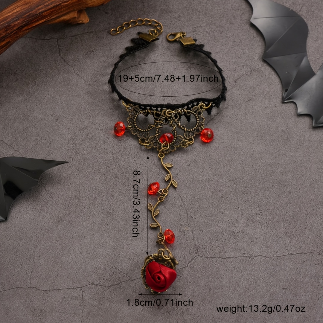 TEMU A Gothic-style Vintage Dark Sweet Cool Black Lace Ring With Red Roses, Designed As A Finger Ring And Bracelet Combo. This Women's Jewelry Is