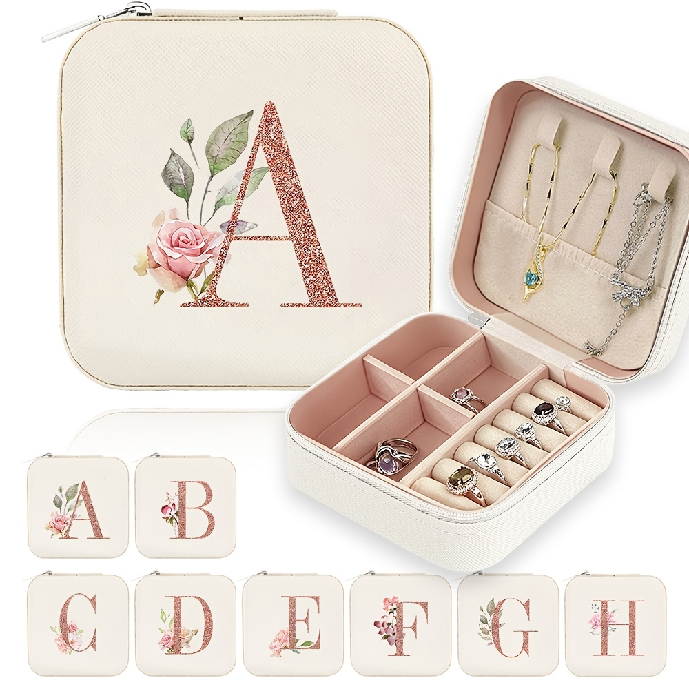Classic Faux Leather Jewelry Box with Zipper Closure - Lightweight Travel Organizer, And Flowers Design, Removable Necklace Display Stand And Ring/Earring Compartments - Elegant Women'S Jewelry Gift, Decorative Lid, Storage Solution
