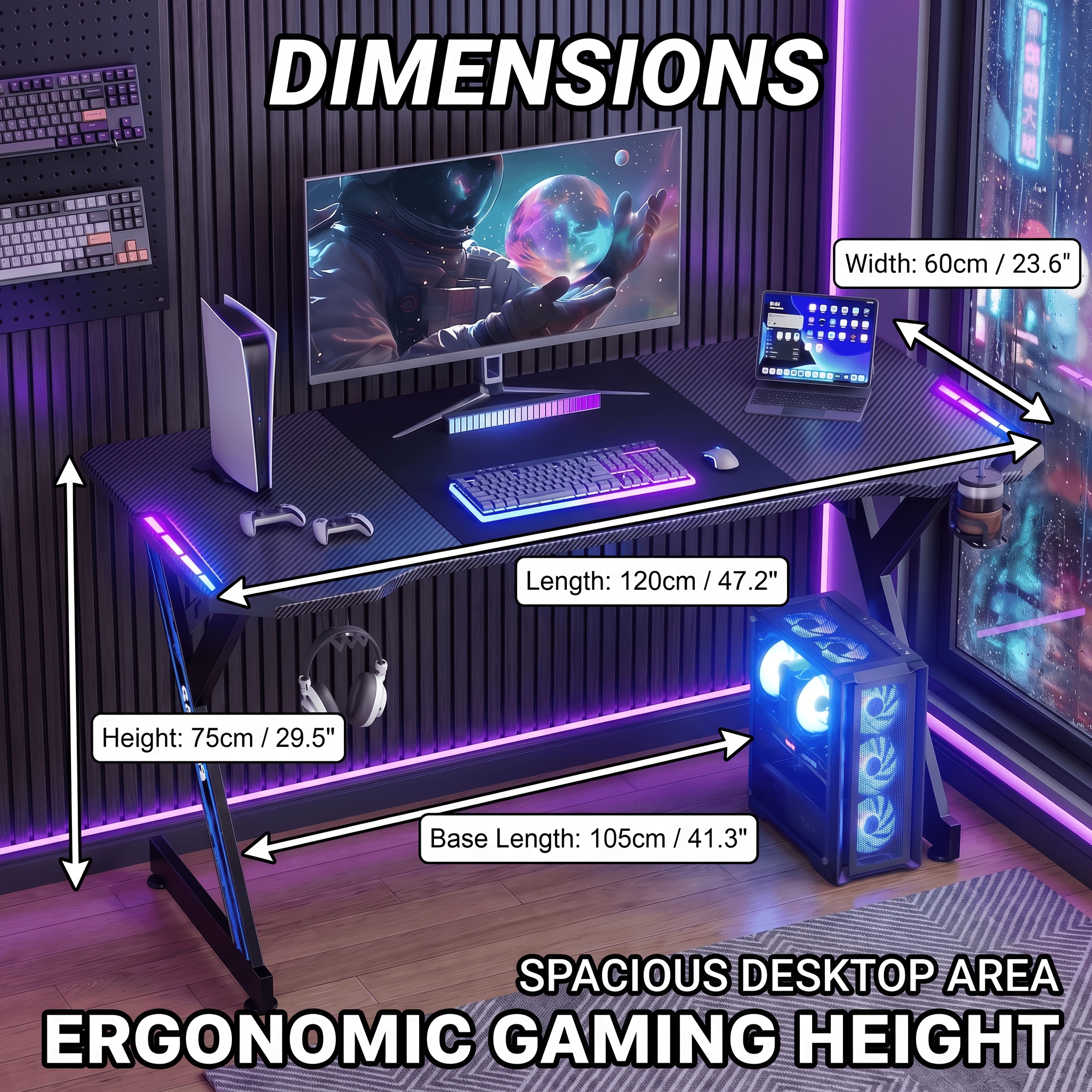 Image of Y-shaped Rgb Gaming Desk, Carbon Fiber Surface Computer Gaming Table With Led Lights, Cup Holder & Headphone Hook, Ergonomic Gamer Workstation For Home Office, 4 Sizes (100/120/140/160cm)