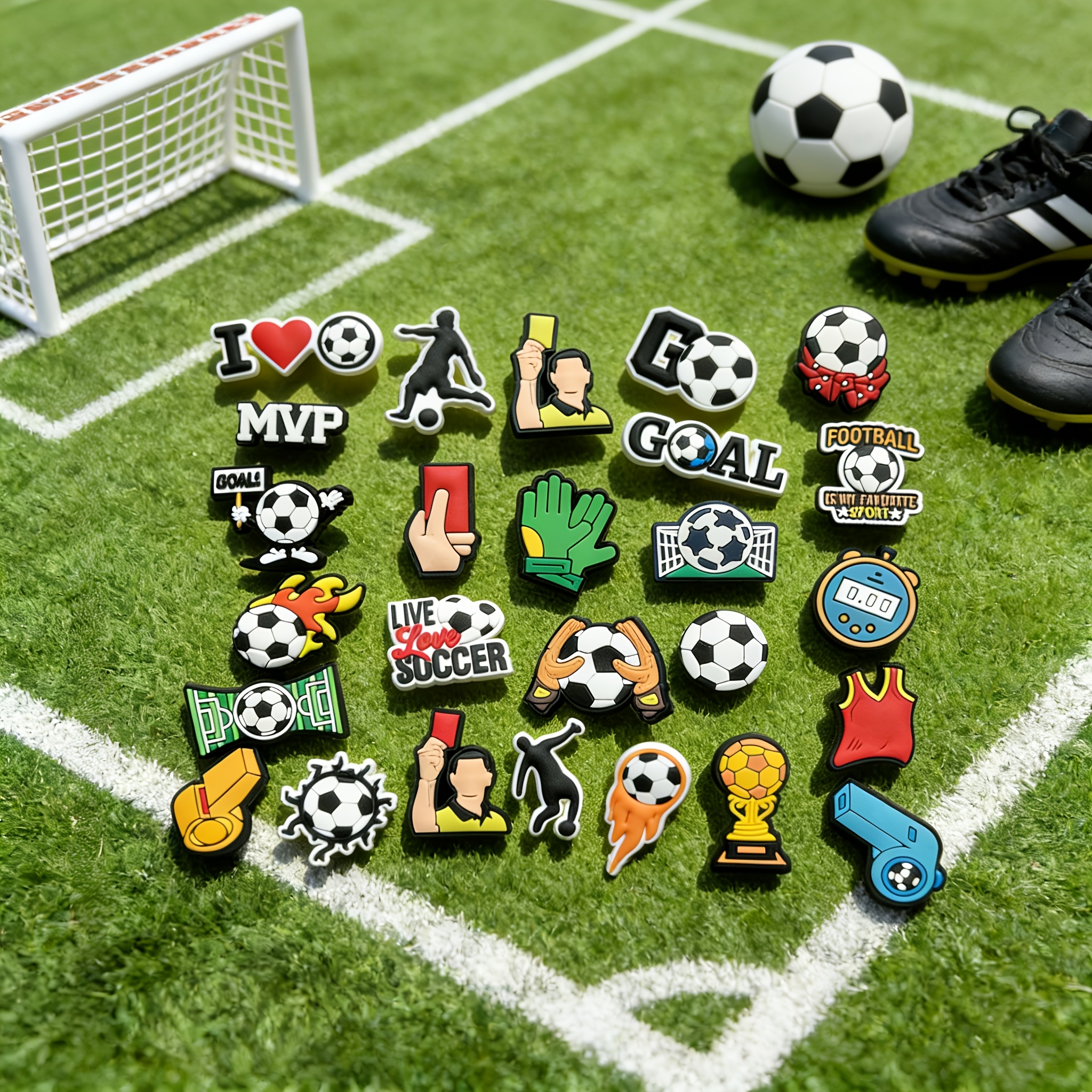 TEMU Lot de 26 pièces de décorations pour chaussures en PVC série football, accessoires sur le thème du sport de football avec bouton, adaptés aux