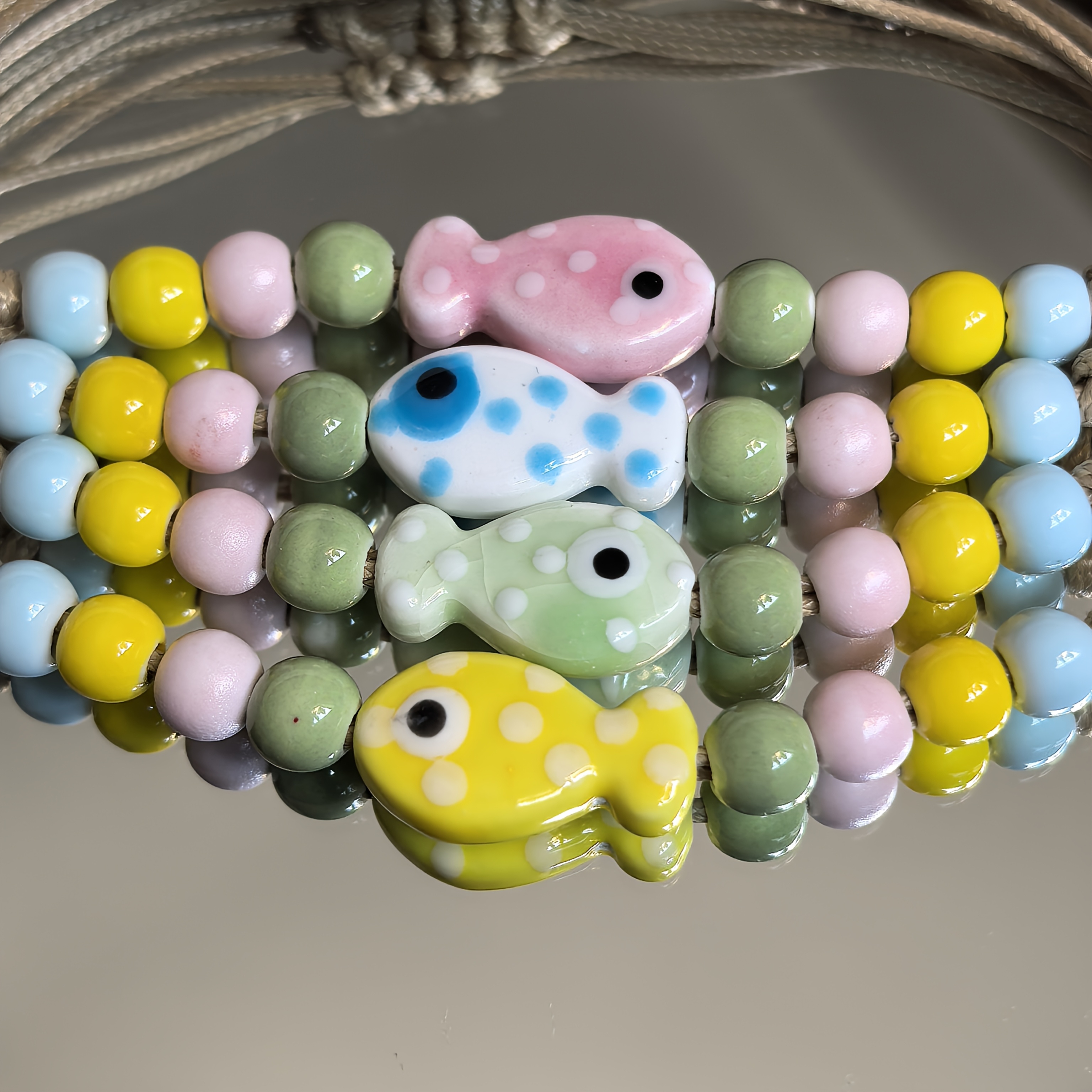 Adjustable Ceramic Fish Charm Bracelet with Colorful Beads