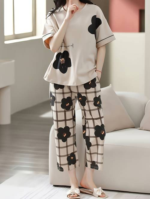 stylish new homewear set printed short sleeved round neck top with plaid 7 4 pants loose and soft suitable for home daily wear