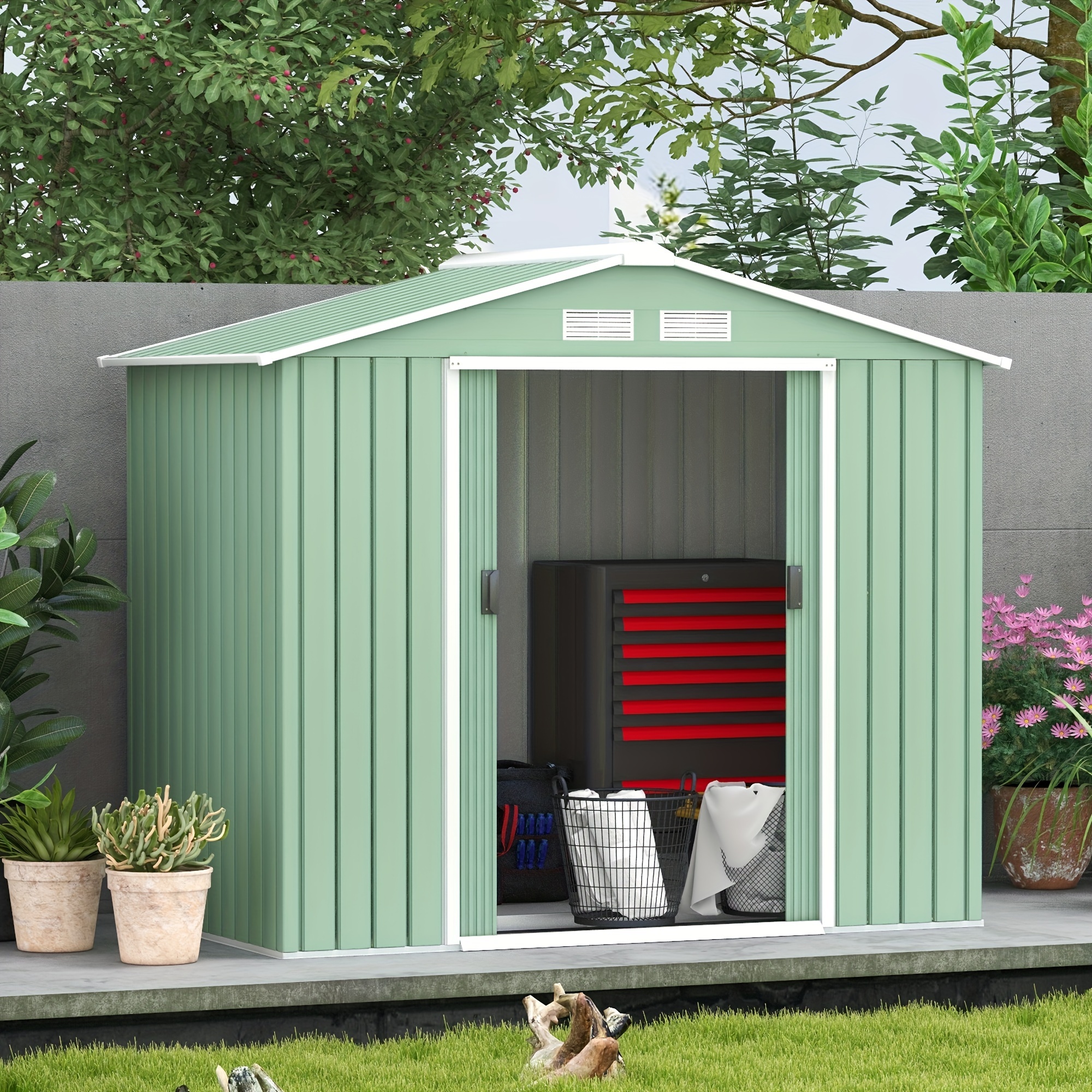 

Outsunny 7' X 4' Outdoor Storage Shed, Garden With Foundation Kit, 4 Vents And Sliding Doors For Backyard, Patio, Garage, Lawn, Light Green