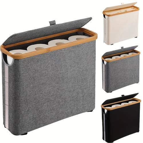 bamboo toilet paper storage basket with lid large capacity holds 9 rolls stylish bathroom organizer with wooden slats and metal frame gray fabric like exterior modern bathrooms multipurpose basket fabriclike toilet paper storage containers