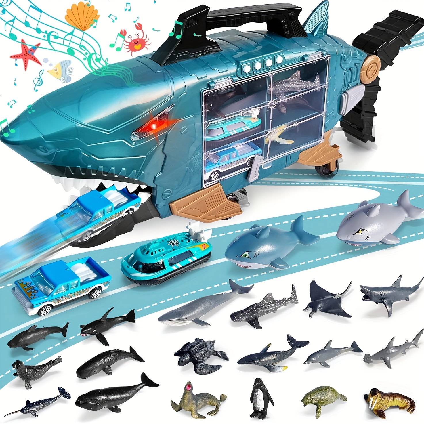 

Shark Truck Toys With 2pcs Toy Trucks, 2pcs Shark Cars, 18pcs Sea Animal Toys For 3+ year Old Kids Christmas Gift