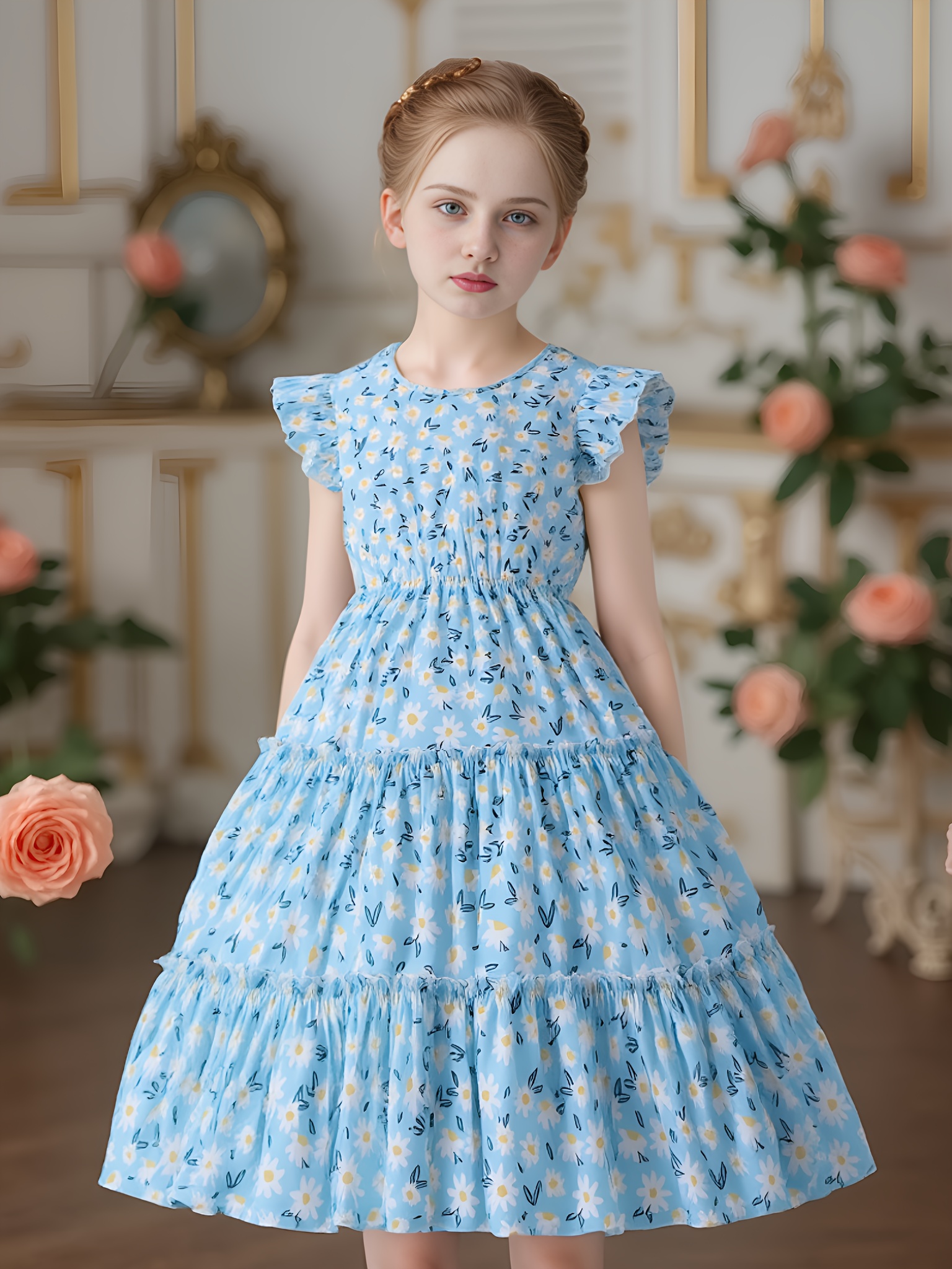 Girls' Daisy Print Ruffle Hem Midi Dress - Casual Spring/Summer/Fall Floral  Skirt with Double Layer Design, Sleeveless, Round Neck, Medium Stretch  Fabric * Outdoor Activities, Seasonal Outfit|Floral ...