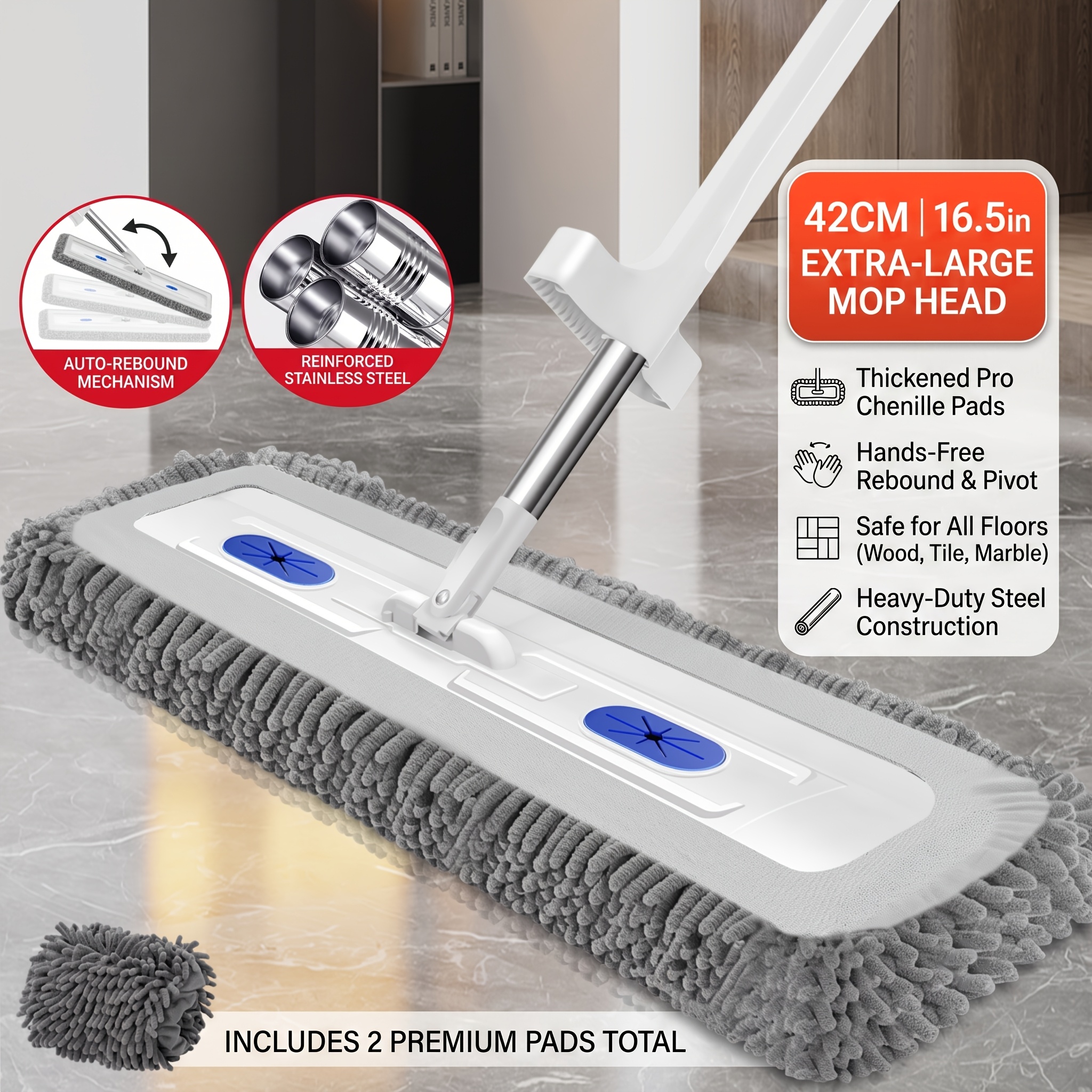 TEMU Grande serpillière plate en microfibre avec 2 tampons, pour le nettoyage des sols, serpillère à poussière à double humide et sec avec tampons