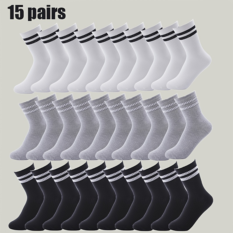 

15 Pairs Of Men's And Women's Mid-calf Socks In Black, White And Gray With 3-color Stripes, Anti-odor And Sweat-absorbing, Casual Round Neck Socks Suitable For