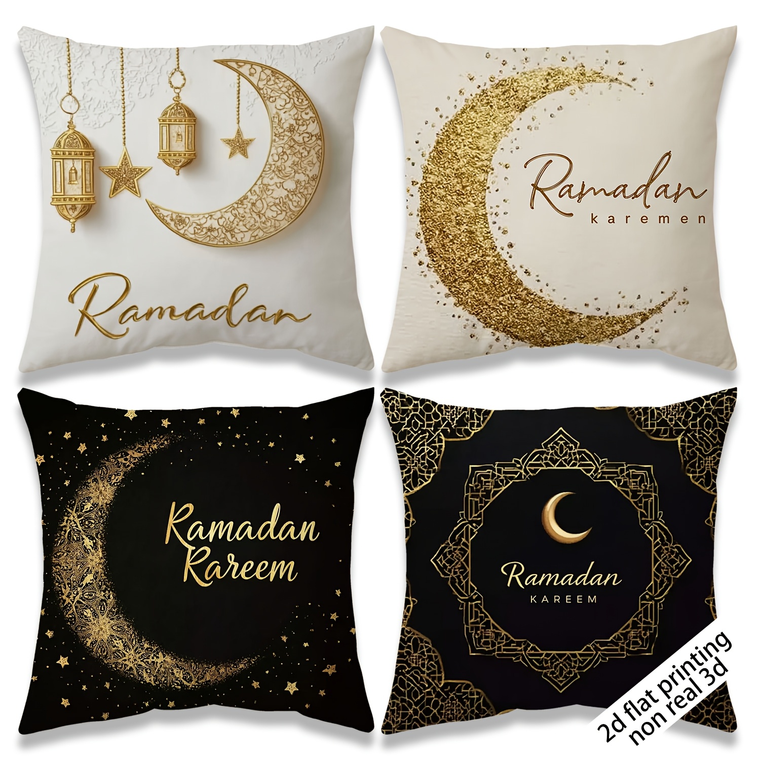 TEMU 4pcs | 2d Flat | Star And Moon Light Luxury Decorative Pillowcase | Golden , Lantern "ramadan" | Winter | Home Decor | Polyester | Zipper |
