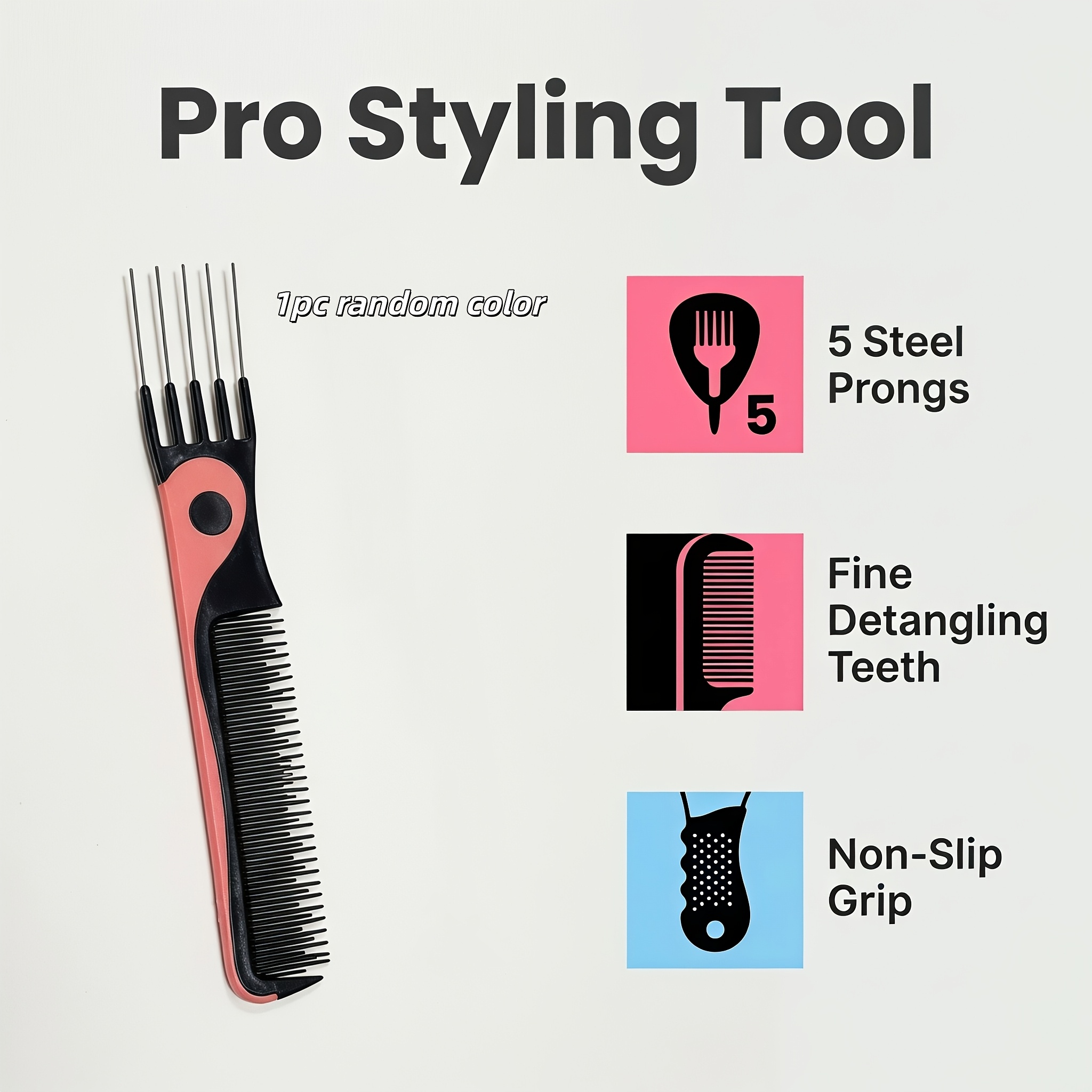 TEMU 1pc Hair Styling Comb With 5 Steel Pins, 5-pin Steel, Lift Teasing Comb, Fine-tooth Detangling, Salon-grade, Professional Styling Teasing