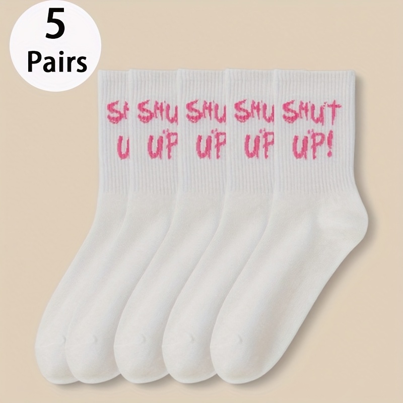 Image of 1/5 Pairs Mid-calf Socks - White Letter Versatile Trendy Fashion Unisex Stylish Socks