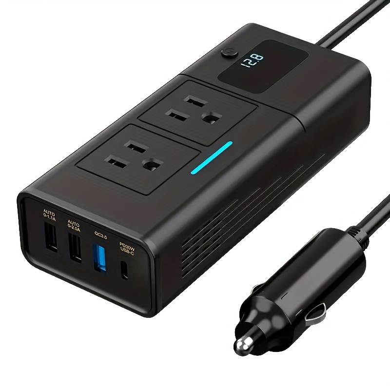 

200w Car Power Inverter Newly Car Plug Adapter Outlet Charger Dc 12v To 110v Car Inverter With 1.2a&2.4a Usb, 1 Qc3.0 Usb And 1 Type C Ports Black