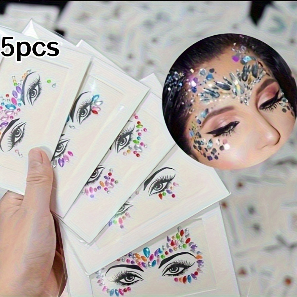 set of 5 face jewel stickers sparkly mermaid and crystal patterns temporary   stickers for celebrations and   assorted color shapes party decor sparkly stickers facial  