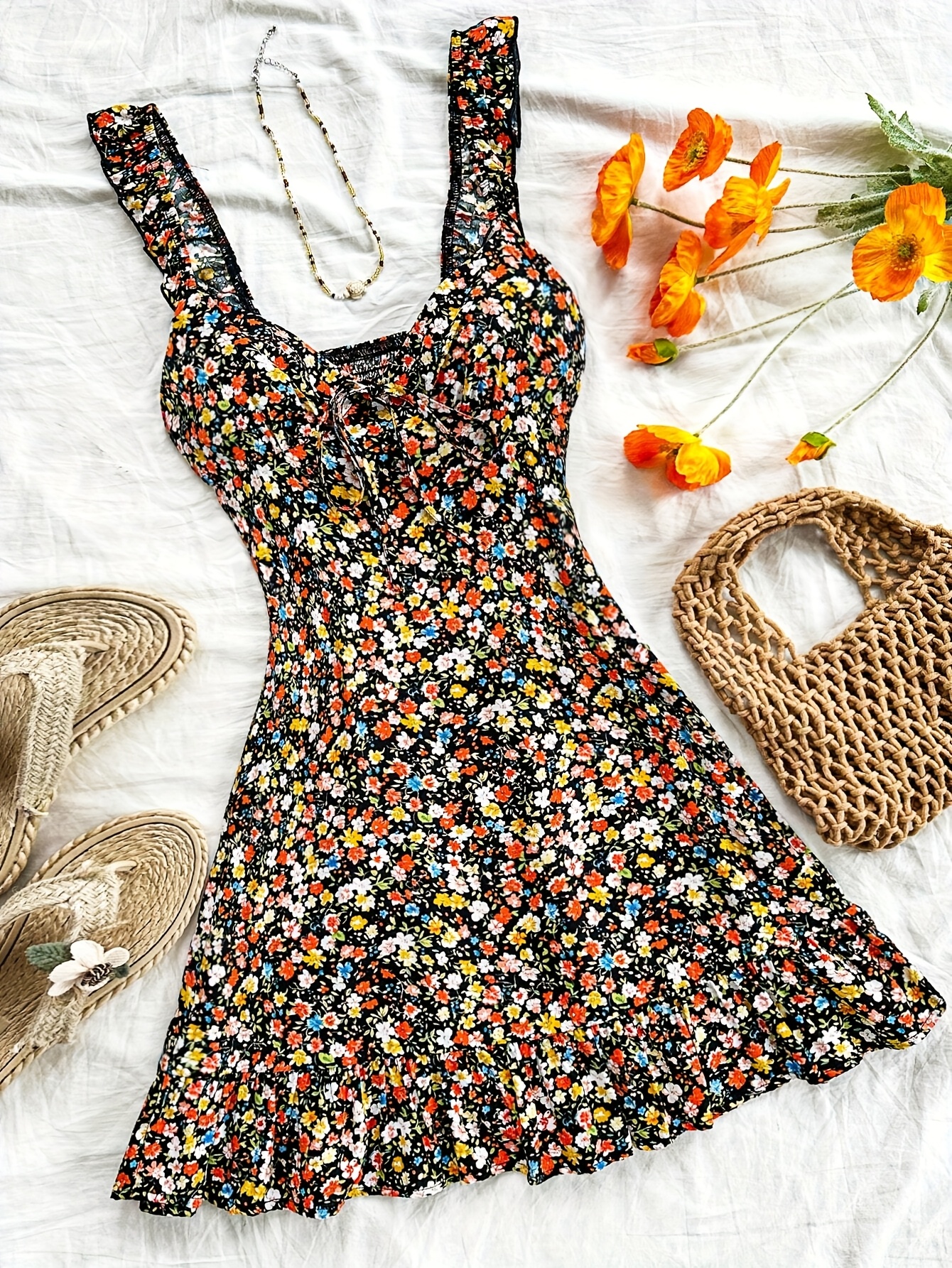 casual easter dress DAZY Summer White Floral Ditsy Chiffon Dress,Cottage Core Garden Party Elegant Waist Cinched Midi,Casual Beach Vacation Boho Wedding Commute Sleeve Length EMERY ROSE Plus Size Vacation