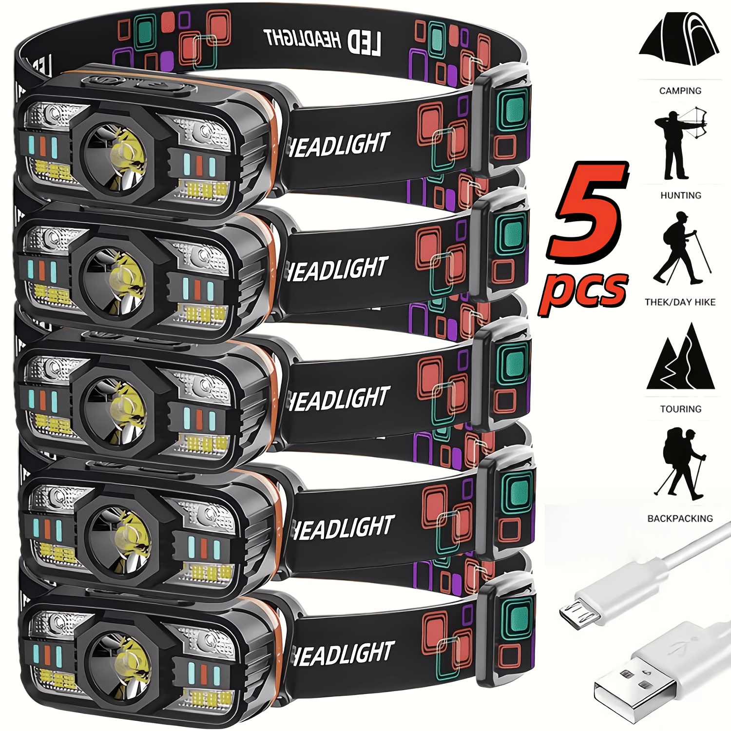 Temu – TEMU 5pcs Portable Sports With Motion Sensing, Multifunctional Headlight, Adjustable Lighting Angle, Usb Rechargeable Emergency Light, 6 Lighting ,