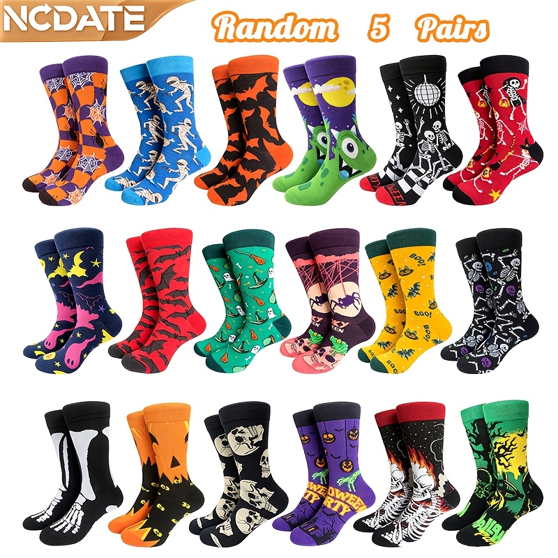 TEMU 5-pair Random Ncdate New Unisex Novelty Halloween Element Pattern Pumpkin Skull Autumn/winter Warm Breathable Mid-calf Socks - Suitable For